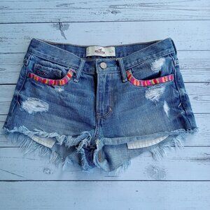 Hollister‎ Juniors' Size 1/25 Denim Distressed Fringe Shorts embroiderd pockets
